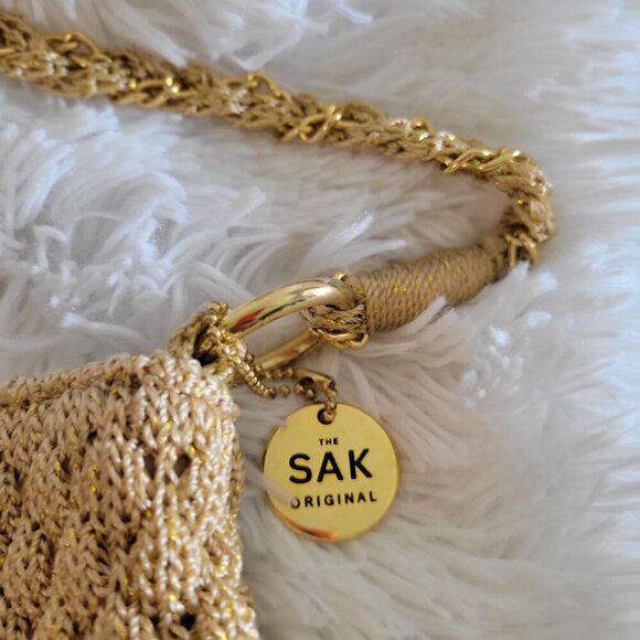 The Sak Original Gold Metallic Woven Crochet Shoulder Bag Chain Strap & Zipper - Picture 6 of 9